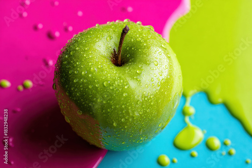 Apple and slime on color blocked background
