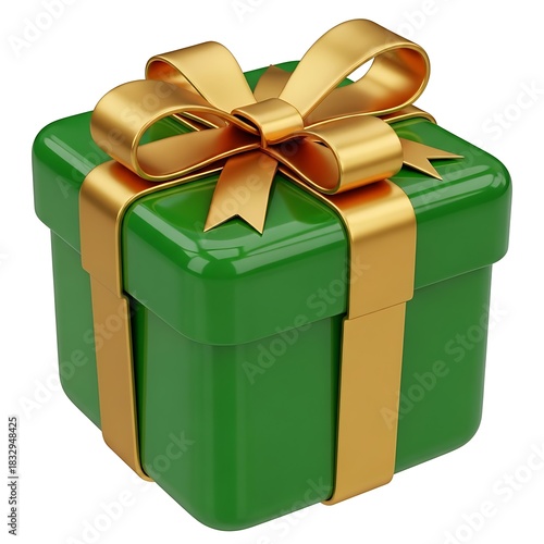 A green gift box with a gold ribbon and bow on top