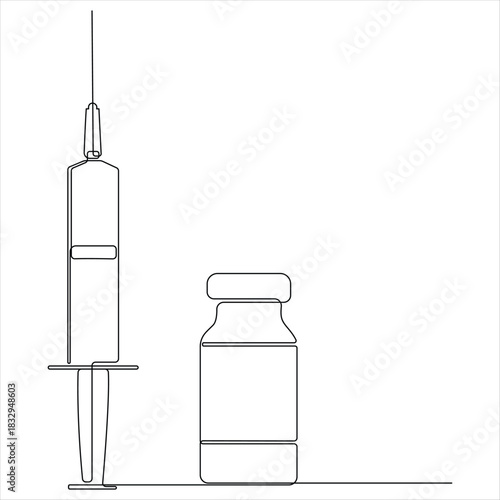 Continuous line drawing of medical syringe and vial simple illustration of vaccine and injection syringe line art vector illustration