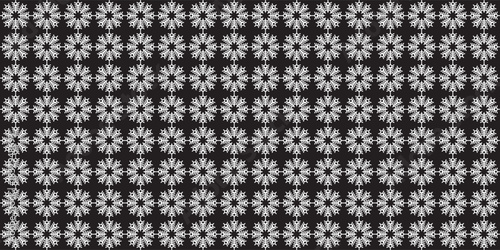 A seamless pattern of white, intricate snowflake shapes arranged in a uniform grid on a black background, creating a crisp and elegant winter-themed design.