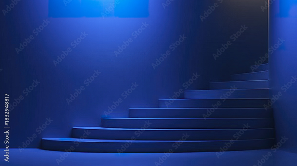 Obraz premium Blue curved staircase with soft light and shadow creating mysterious and calm atmosphere in modern interior space