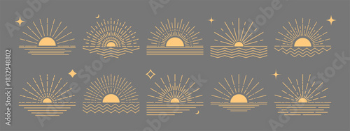 Decorative boho sun line art vector with stylized rays. Clean outline suitable for logos.