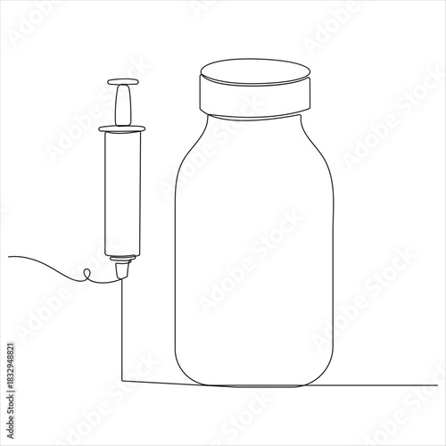 Continuous line drawing of medical syringe and vial simple illustration of vaccine and injection syringe line art vector illustration