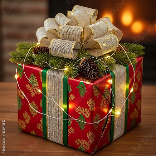 A christmas gift wrapped with bow and pine needles