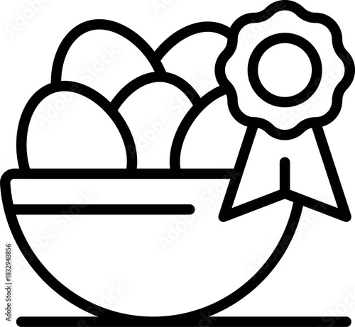 Fresh eggs in a bowl with a rosette, symbolizing high quality food production and recognition of excellence