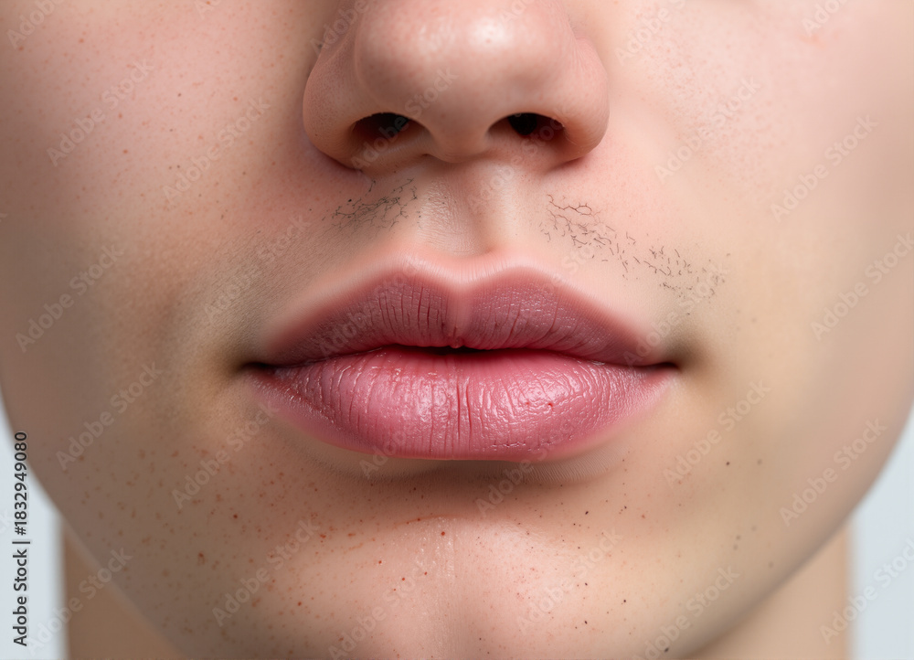Naklejka premium Smooth male lips are featured in close-up, showcasing subtle textures and natural skin details, providing an intimate glimpse into personal grooming, beauty