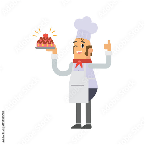 Proud chef holding a strawberry cake and pointing up with a recommendation