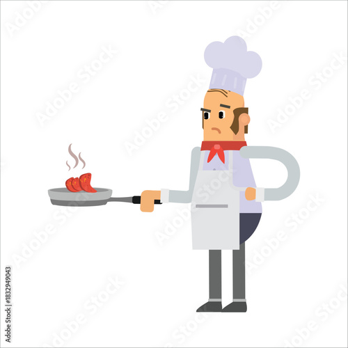 Chef flipping sausages or meat in a frying pan with professional skill