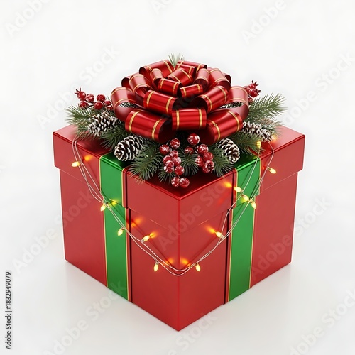 A red christmas present with bow and decorations