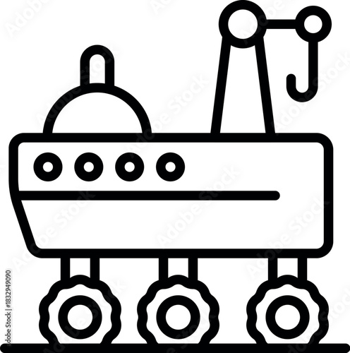 Autonomous rover exploring the moon surface, equipped with a crane and satellite dish, collecting data for space research