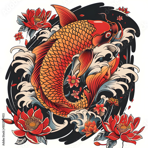 Traditional Japanese Koi Tattoo with Lotus and Waves