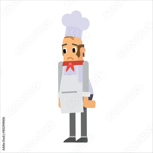 Sad senior chef standing with a disappointed expression and hands behind his back