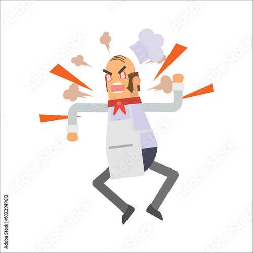 Furious senior chef jumping with rage, steam coming out of ears
