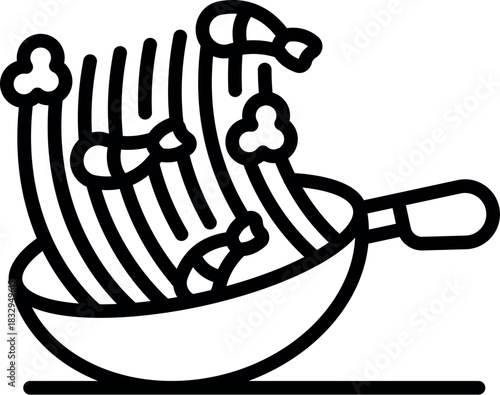 Hot noodles with shrimps and vegetables cooking in a wok pan, ready to be served