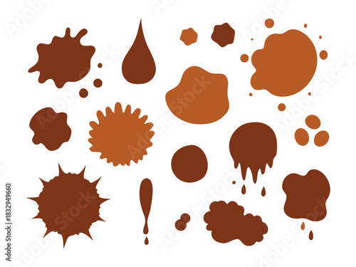 Collection of brown blots and stains with diverse shapes on a white background design element
