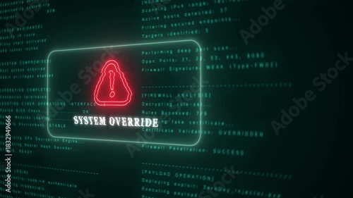 Digital Cyber Security System Override Alert with Exclamation Mark and Text warning