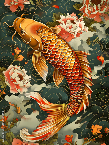 Neo-Traditional Koi Tattoo with Peony Flowers