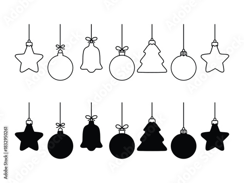 Festive Holiday Hanging Ornaments Vector Pack. Winter Holiday Decoration Graphic Bundle Outline and Silhouette