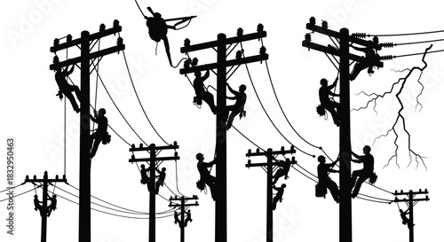 Utility, worker, power, pole, silhouette, climb, gear, tool, wire, lightning, vector, black, pose, infrastructure, repair, installation, hazard, electric, setup, flavector