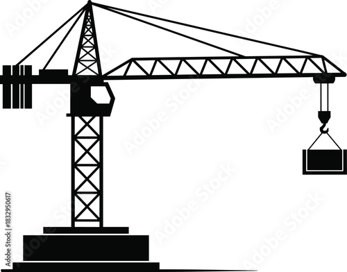 Tower Crane Silhouette Vector: Construction Industry Heavy Equipment, Building, Engineering, Lifting, Architecture, Machinery, Development, Black and White Flavector Art.