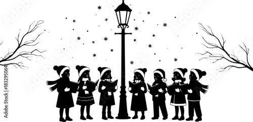 Children silhouette caroling under lamppost festive holiday season celebration scene
