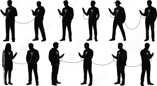 Smartphone, dependence, silhouette, cord, heart, device, emotional, connection, addiction, user, vector, black, pose, technology, behavior, digital, interaction, symbolic, modern, flavector