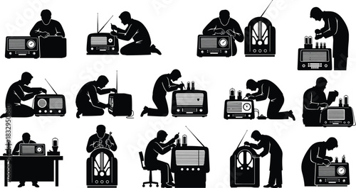 Vintage, radio, repair, silhouette, technician, tool, vacuum, tube, component, desk, vector, black, pose, inspection, maintenance, electronics, setup, restoration, craftsmanship, flavector
