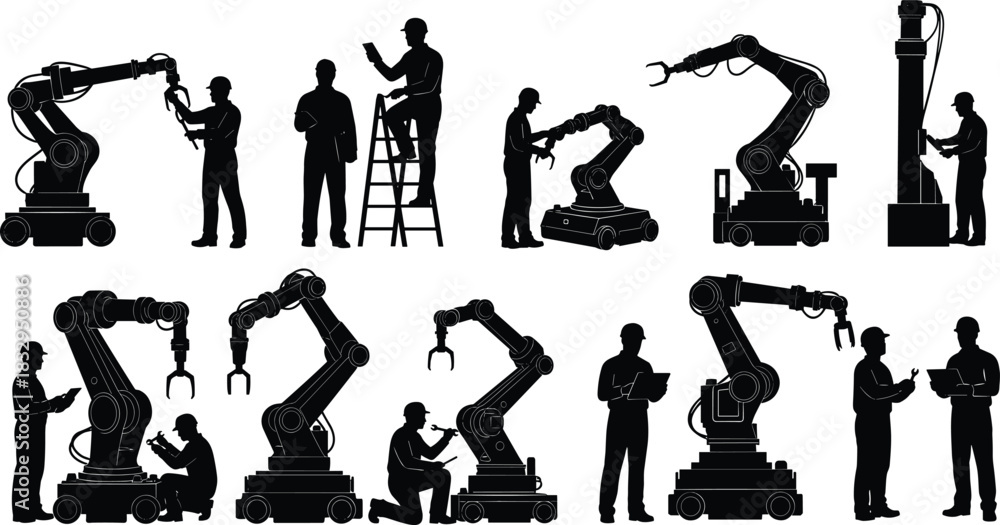 Fototapeta premium Robotic, arm, silhouette, human, worker, interaction, tool, tablet, ladder, inspection, repair, vector, black, pose, automation, industrial, programming, monitoring, equipment, flavector