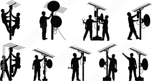 Satellite, dish, antenna, installation, silhouette, technician, tool, pole, repair, inspection, vector, black, pose, communication, infrastructure, setup, signal, system, ladder, flavector
