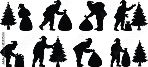 Santa, Christmas, silhouette, tree, gift, posture, sack, decoration, holiday, vector, black, pose, setup, festive, celebration, winter, bag, star, tradition, flavector
