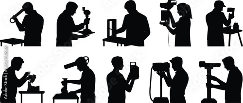 Scientific, technical, silhouette, laboratory, posture, equipment, microscope, workstation, analysis, measurement, vector, black, pose, setup, research, r