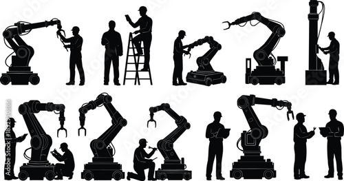 Robotic, arm, silhouette, human, worker, interaction, tool, tablet, ladder, inspection, repair, vector, black, pose, automation, industrial, programming, monitoring, equipment, flavector