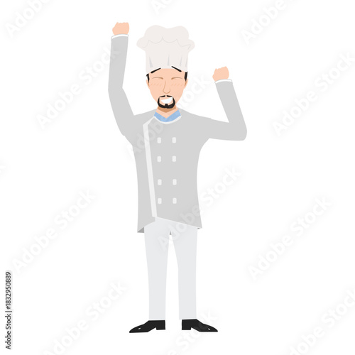 Happy chef raising one fist in celebration of success