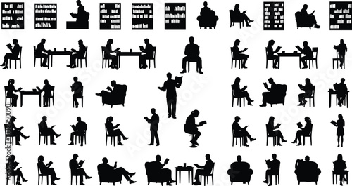 Reading, silhouette, book, tablet, chair, table, bookshelf, pose, seated, pair, solo, vector, black, setup, learning, literacy, indoor, interaction, posture, flavector