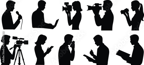Media, communication, silhouette, microphone, laptop, camera, binoculars, posture, phone, clipboard, vector, black, pose, setup, journalism, broadcasting, reporting, writing, production, flavector