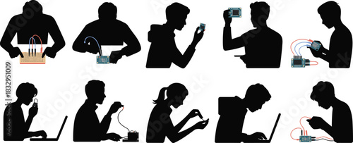 Microcontroller, circuit, silhouette, breadboard, wiring, laptop, sensor, posture, STEM, electronics, vector, black, pose, setup, programming, device, education, hands-on, engineering, flavector