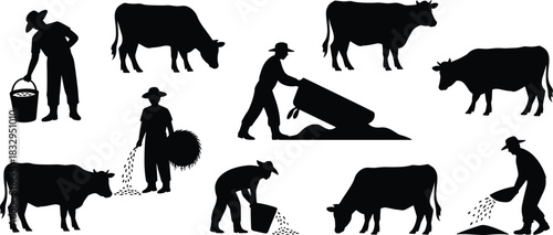 Livestock, farming, silhouette, cow, farmer, feeding, hay, bucket, posture, rural, vector, black, pose, setup, agriculture, labor, dairy, field, tradition, flavector