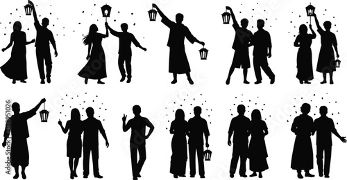 Lantern, celebration, silhouette, pair, festive, pose, gesture, confetti, cultural, traditional, vector, black, setup, interaction, community, seasonal, event, joy, together, flavector