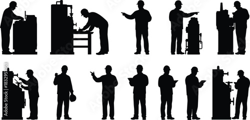 Industrial, worker, silhouette, machinery, hardhat, posture, tool, inspection, factory, document, vector, black, pose, setup, manufacturing, safety, operation, equipment, engineering, flavector