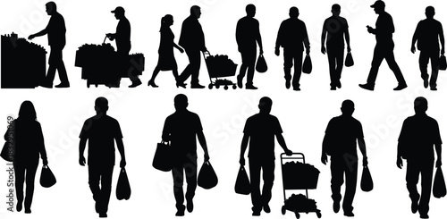Group of Diverse Shoppers and Customers Pushing Shopping Carts and Carrying Grocery Bags Vector Silhouette Set, People Buying Food and Retail Items, 