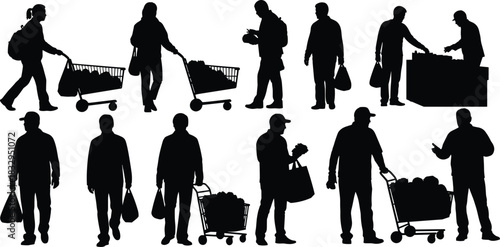 Grocery, shopping, silhouette, cart, bag, product, consumer, posture, retail, supermarket, vector, black, pose, setup, commerce, activity, checkout, purchase, display, flavector