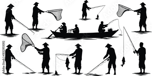 Fishing, silhouette, rod, net, boat, catch, water, traditional, conical, hat, vector, black, pose, outdoor, group, shallow, teamwork, culture, activity, flavector