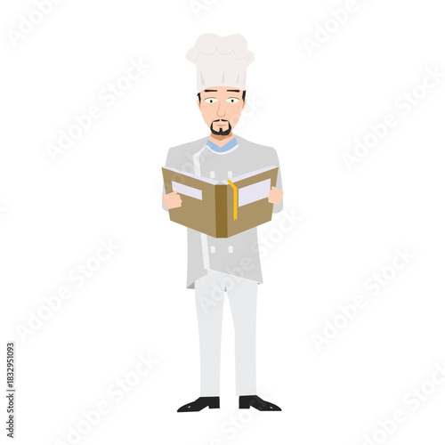 Professional chef standing and reading a menu or cookbook carefully