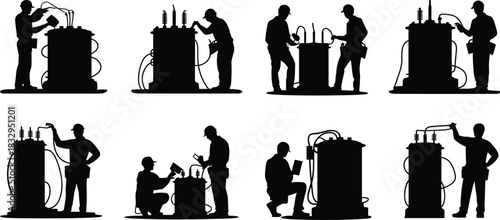 Electrical, transformer, technician, silhouette, inspection, repair, cable, tool, posture, gear, vector, black, pose, setup, maintenance, safety, equipment, power, utility, flavector