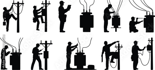 Electrical, line, silhouette, worker, utility, pole, posture, inspection, repair, transformer, vector, black, pose, setup, infrastructure, maintenance, technician, equipment, wiring, flavector