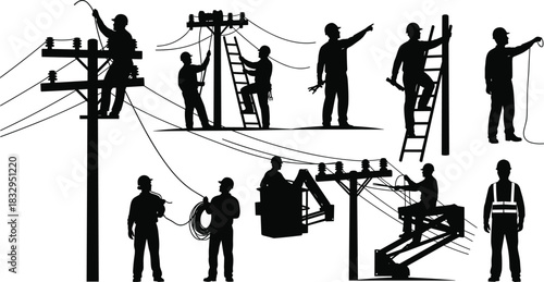 Electrical, line, worker, silhouette, utility, pole, cable, ladder, bucket, truck, gear, vector, black, pose, infrastructure, maintenance, installation, safety, teamwork, flavector