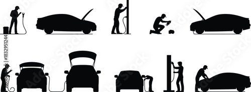 Electric, vehicle, silhouette, charging, cable, posture, inspection, repair, station, hood, vector, black, pose, setup, maintenance, diagnostics, infrastructure, technician, equipment, flavector