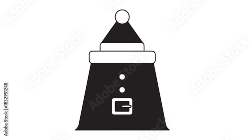 Minimalist black winter beanie icon with white trim and pompom, simple headwear illustration.