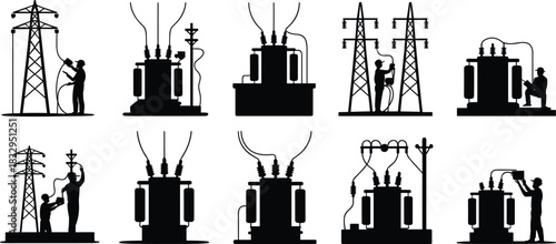 Electrical, infrastructure, silhouette, worker, tower, transformer, pole, cable, tool, posture, gear, vector, black, pose, setup, maintenance, utility, power, engineering, flavector