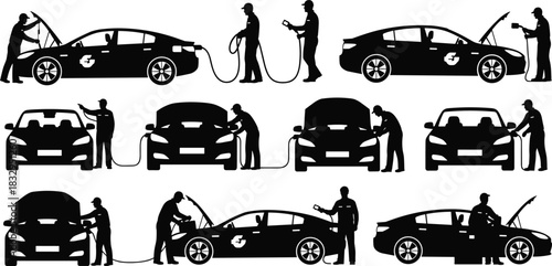 Electric, vehicle, maintenance, silhouette, charging, technician, cable, hood, diagnostic, tool, vector, black, pose, EV, infrastructure, inspection, repair, setup, technology, flavector